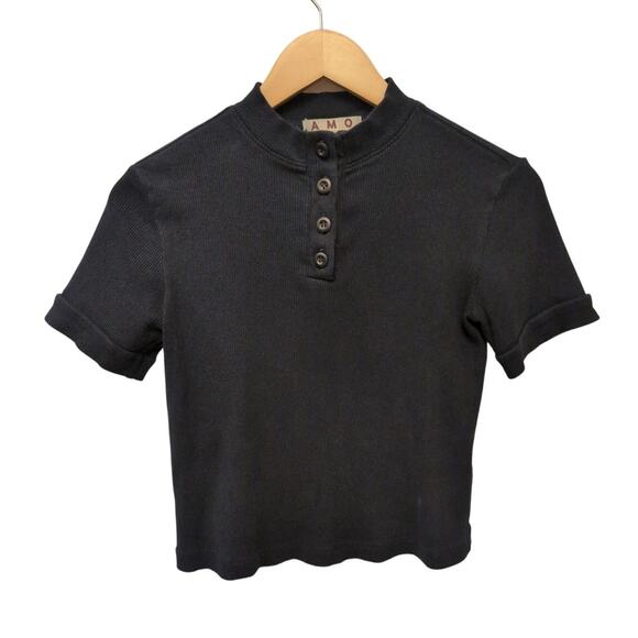 AMO 100% Cotton Mock Neck Henley Crop Top Navy Blue Ribbed Streetwear Normcore - Picture 1 of 4